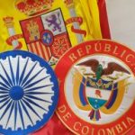 tres escudos bordados para banderas tipo convencción de los paises de España Colombia y india